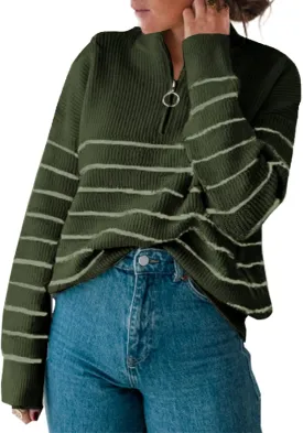 Amkoyam Women's Striped Sweaters 2023 Long Sleeves Knitted Casual Pullovers Loose Shirt Tops with Button Fall Winter