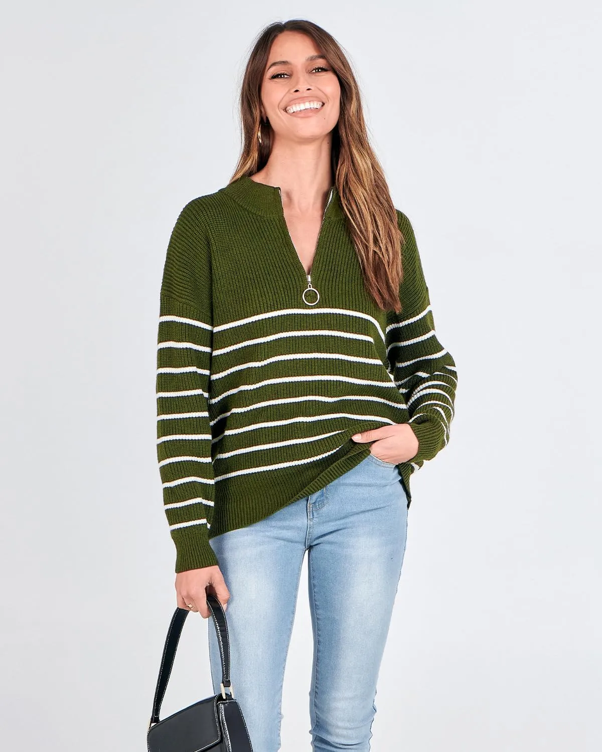 Amkoyam Women's Striped Sweaters 2023 Long Sleeves Knitted Casual Pullovers Loose Shirt Tops with Button Fall Winter