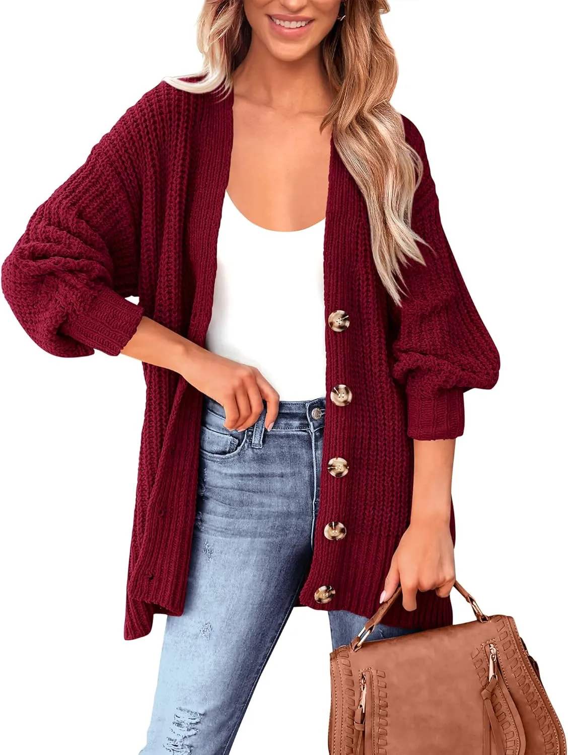 BTFBM Women's Button Down Cardigan Coat Long Sleeve Fall Winter Clothes Loose Chunky Knit Open Front Sweater Outerwear