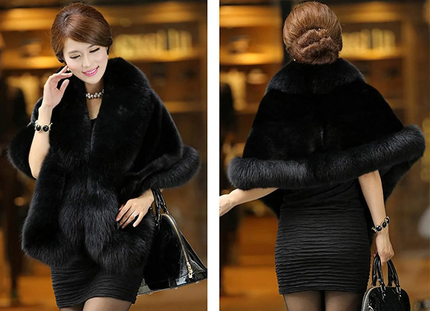 Caracilia Women Luxury Faux Fur Coat Jackets Wrap Cape Shawl for Wedding Party