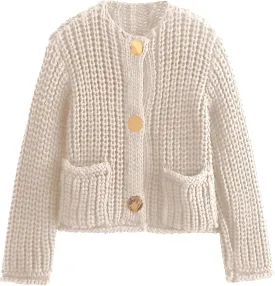 Cardigan Sweaters for Women Chunky Cropped Cardigan Sweater Open Front Button Down Knit Cardigan Sweater