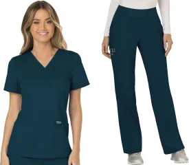 Cherokee Scrub Set For Women, Modern Classic Fit Mock Wrap Top WW610 With Mid Rise, Straight Leg Pant WW110, Caribbean Blue- M Top/M Petite Pant