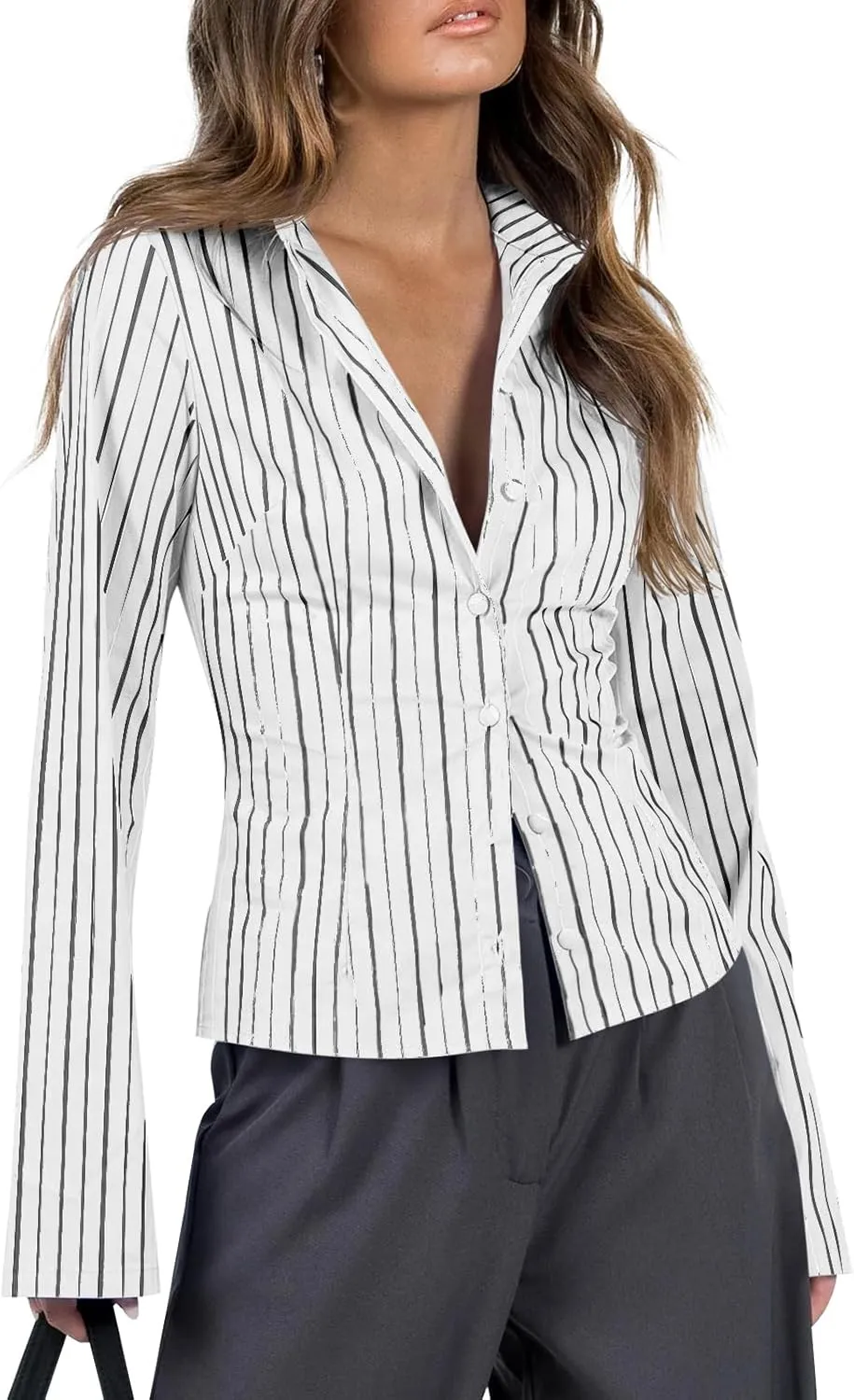 Cicy Bell Womens Striped Button Down Shirts Flare Long Sleeve Collared V Neck Business Work Office Blouse Tops