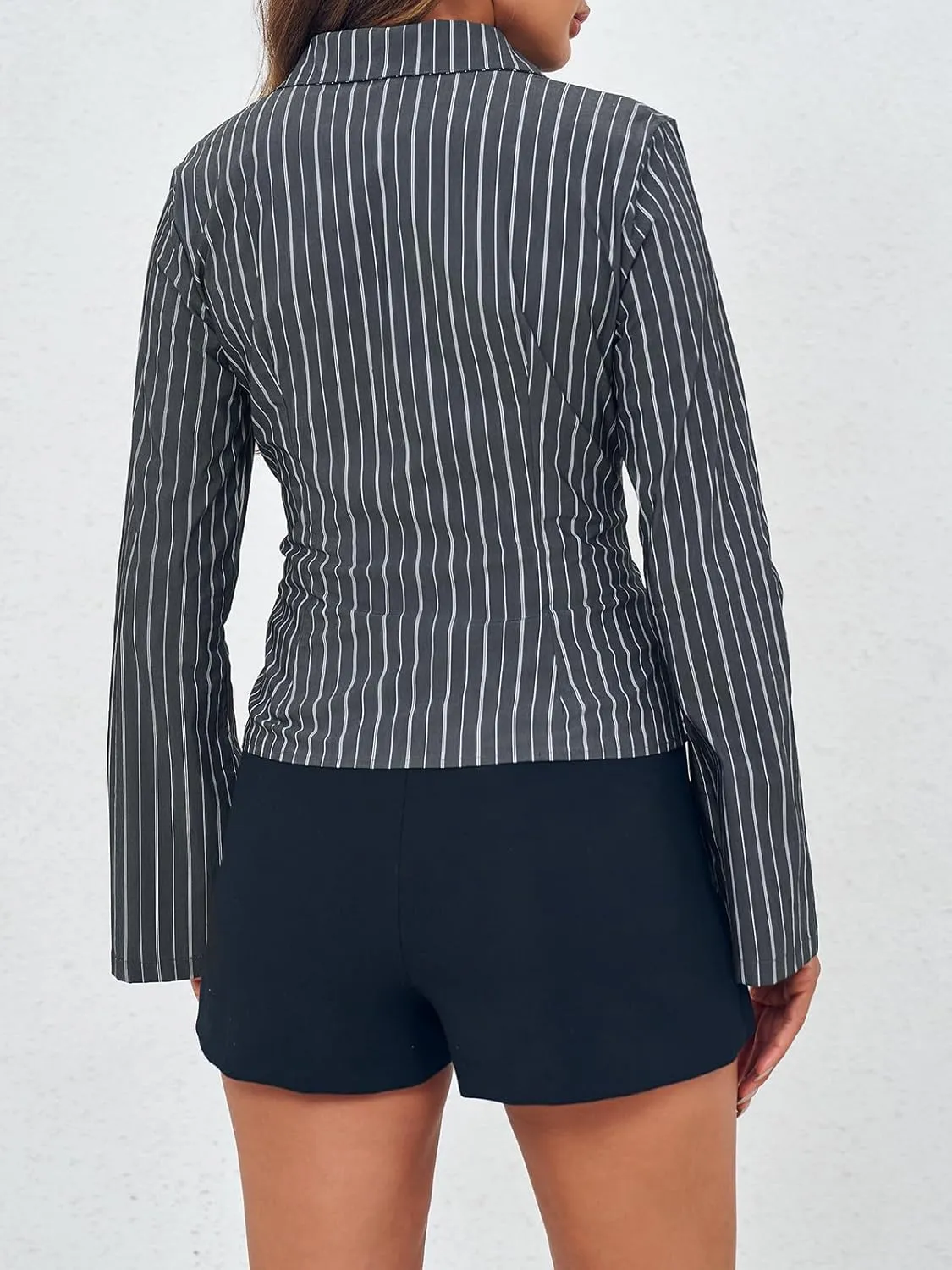 Cicy Bell Womens Striped Button Down Shirts Flare Long Sleeve Collared V Neck Business Work Office Blouse Tops
