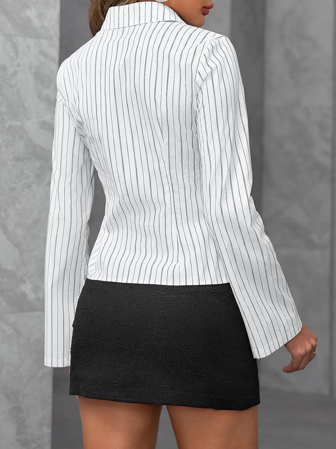 Cicy Bell Womens Striped Button Down Shirts Flare Long Sleeve Collared V Neck Business Work Office Blouse Tops