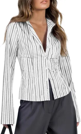 Cicy Bell Womens Striped Button Down Shirts Flare Long Sleeve Collared V Neck Business Work Office Blouse Tops