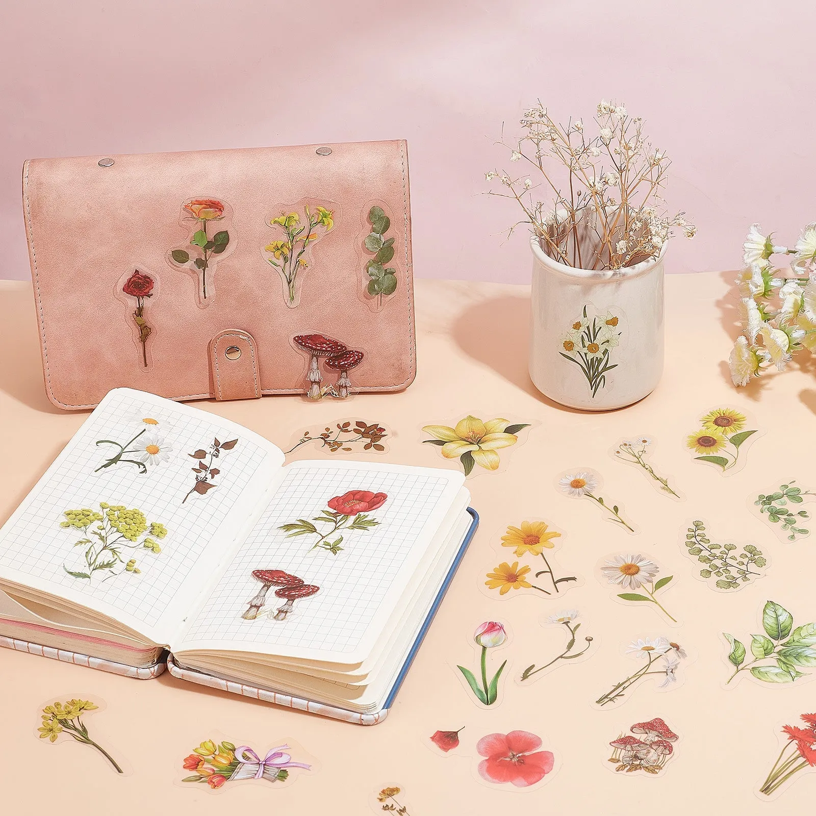 Craspire 7 Bags 7 Styles PET Waterproof Stickers, Floral Self-Adhesive Decals for DIY Scrapbooking, Photo Album Decoration, Flower & Chrysanthemum & Tulip Pattern, Mixed Patterns, 38~65x15~65x0.1mm, 1 bag/style