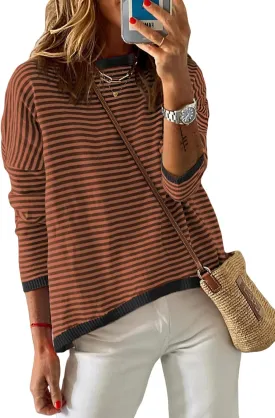 Dokotoo Long Sleeve Shirts for Women Casual Spring Crewneck Striped Color Block Shirt High Low Pullover Sweater Tops