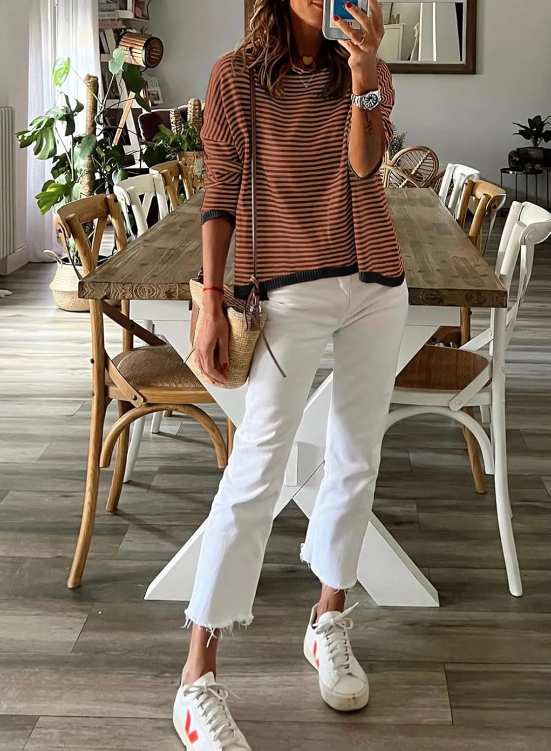 Dokotoo Long Sleeve Shirts for Women Casual Spring Crewneck Striped Color Block Shirt High Low Pullover Sweater Tops