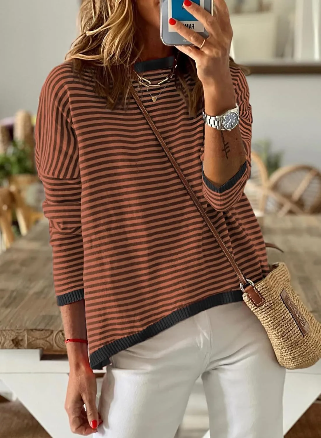 Dokotoo Long Sleeve Shirts for Women Casual Spring Crewneck Striped Color Block Shirt High Low Pullover Sweater Tops