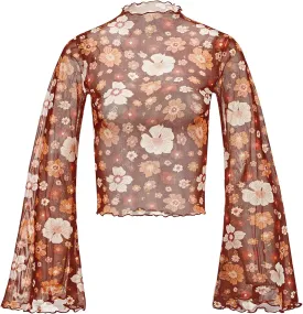 Durio 70s Womens Bell Sleeve Top Floral Tops for Women Disco Outfit Mock Neck Flare Tops Semi Sheer Mesh Long Sleeve Top