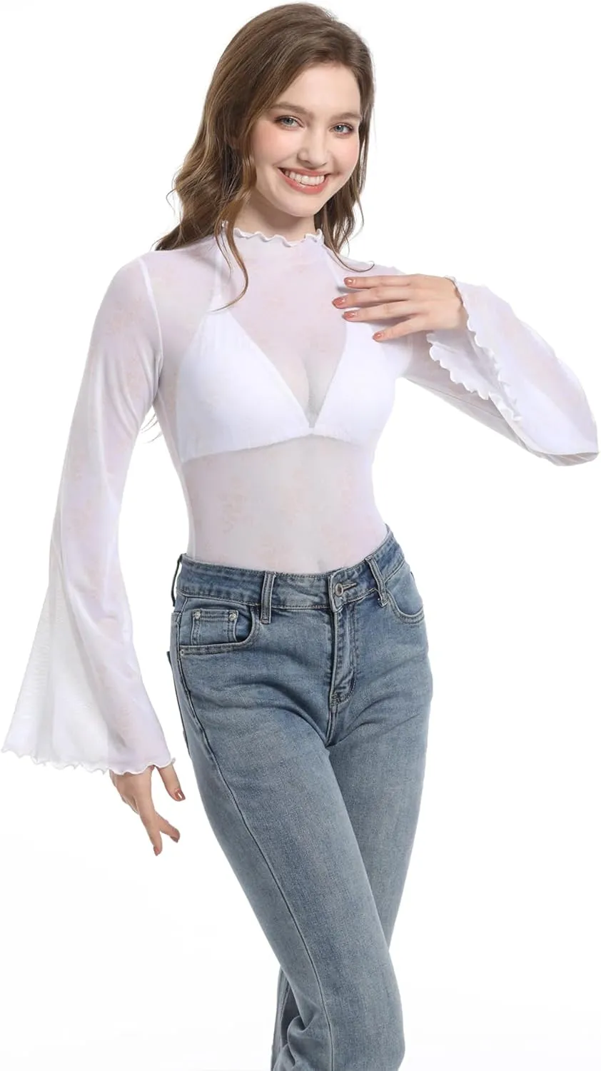 Durio 70s Womens Bell Sleeve Top Floral Tops for Women Disco Outfit Mock Neck Flare Tops Semi Sheer Mesh Long Sleeve Top