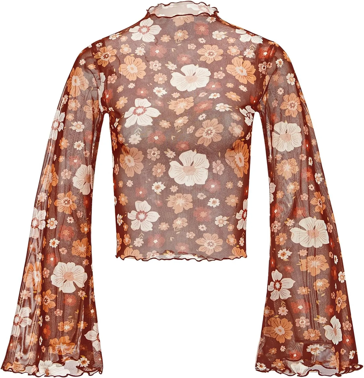 Durio 70s Womens Bell Sleeve Top Floral Tops for Women Disco Outfit Mock Neck Flare Tops Semi Sheer Mesh Long Sleeve Top