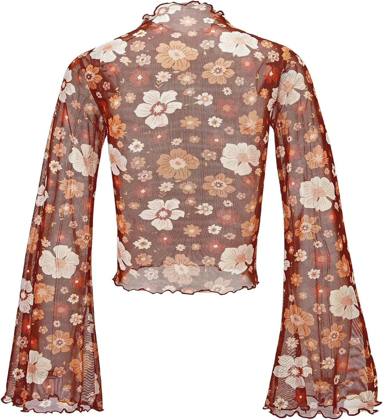 Durio 70s Womens Bell Sleeve Top Floral Tops for Women Disco Outfit Mock Neck Flare Tops Semi Sheer Mesh Long Sleeve Top