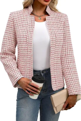 ebossy Women's Casual Slim Notched Plaid Tweed Blazer Elegant Open Front Long Sleeve Business Work Jacket Dress Coat