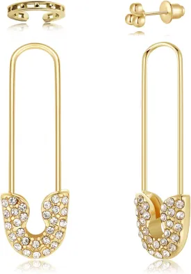 Gold Safety Pin Dangle Earrings Set, 4 Pieces with Ear Hoops and Studs