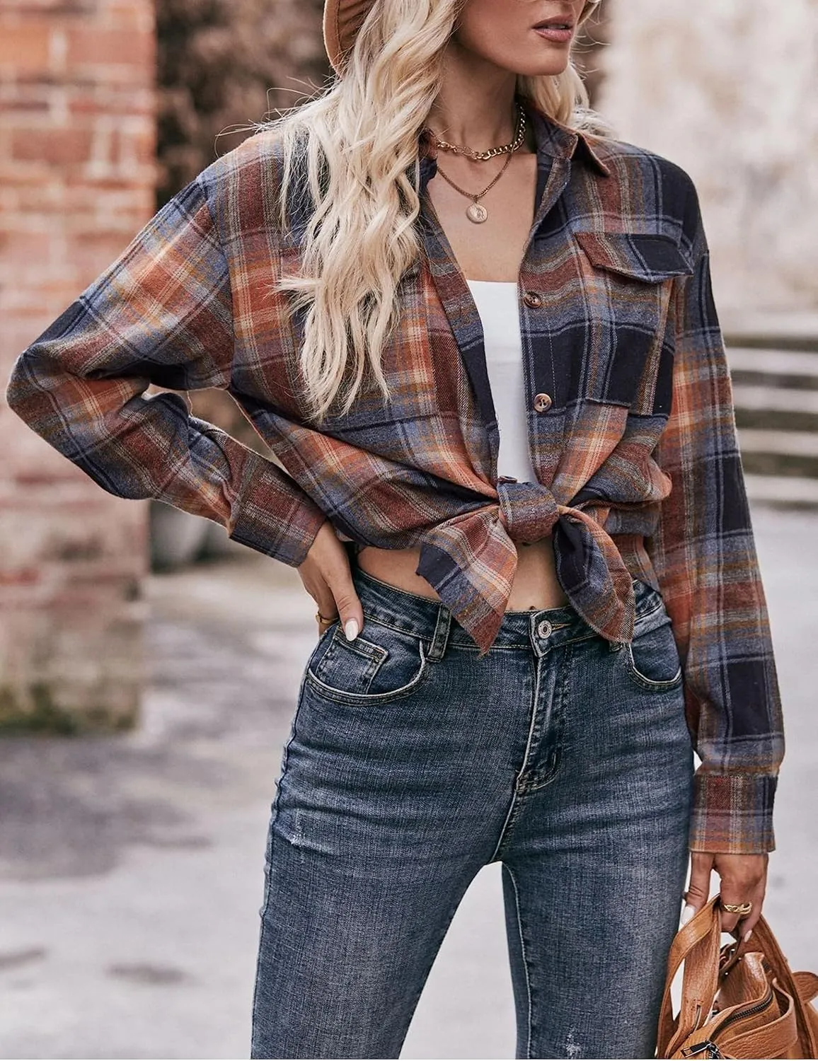 HangNiFang Oversized Plaid Flannel Shirts for Women Long Sleeve Button Down Buffalo Plaid Shirts Blouse