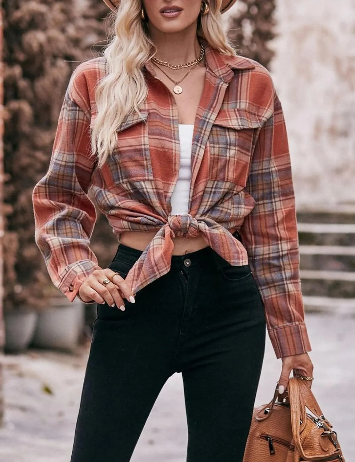 HangNiFang Oversized Plaid Flannel Shirts for Women Long Sleeve Button Down Buffalo Plaid Shirts Blouse