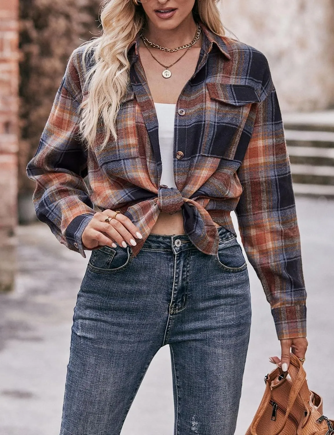 HangNiFang Oversized Plaid Flannel Shirts for Women Long Sleeve Button Down Buffalo Plaid Shirts Blouse