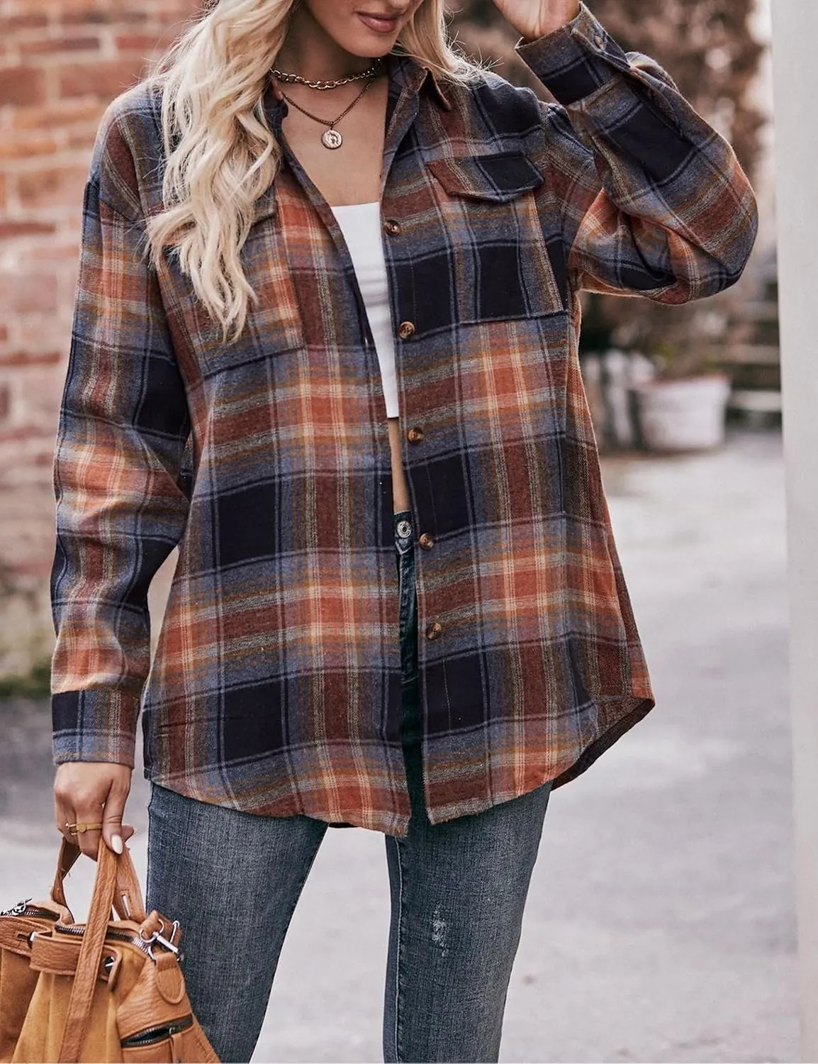 HangNiFang Oversized Plaid Flannel Shirts for Women Long Sleeve Button Down Buffalo Plaid Shirts Blouse