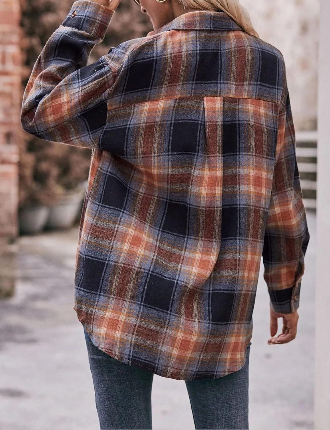 HangNiFang Oversized Plaid Flannel Shirts for Women Long Sleeve Button Down Buffalo Plaid Shirts Blouse