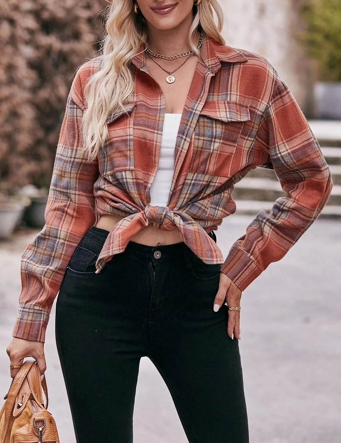 HangNiFang Oversized Plaid Flannel Shirts for Women Long Sleeve Button Down Buffalo Plaid Shirts Blouse