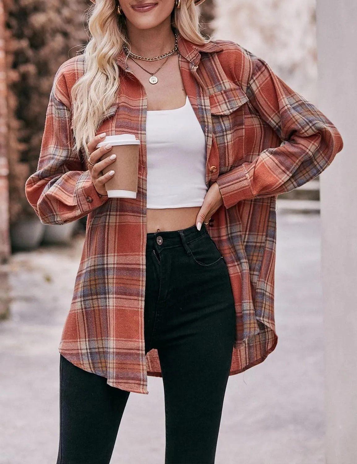 HangNiFang Oversized Plaid Flannel Shirts for Women Long Sleeve Button Down Buffalo Plaid Shirts Blouse