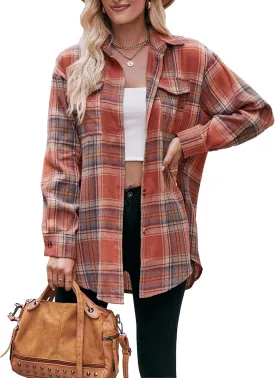 HangNiFang Oversized Plaid Flannel Shirts for Women Long Sleeve Button Down Buffalo Plaid Shirts Blouse