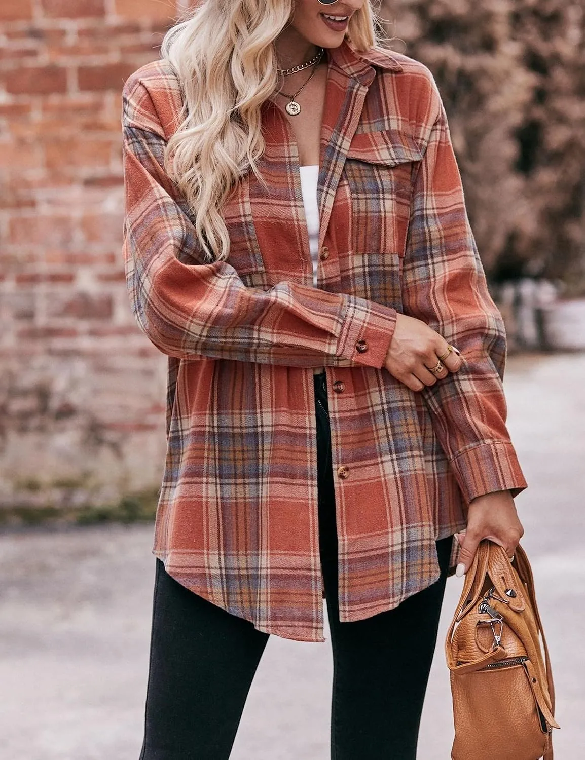 HangNiFang Oversized Plaid Flannel Shirts for Women Long Sleeve Button Down Buffalo Plaid Shirts Blouse