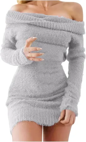HGps8w Women's Off The Shoulder Sweater Dress Elegant Long Slleve Bodycon Mini Dress Fall Winter Fuzzy Warm Sweaters