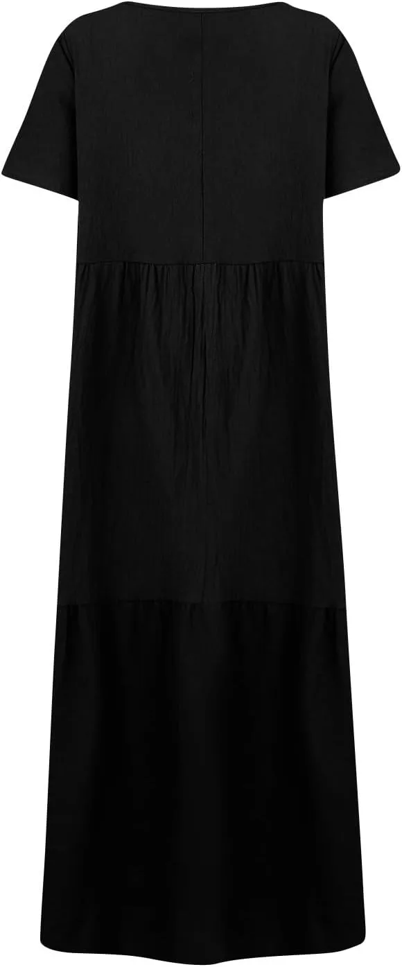 HXHYQKP Linen Dress for Women Summer Maxi Flowy Pleated Dresses Casual Plus Size Short Sleeve Beach Vacation Dress