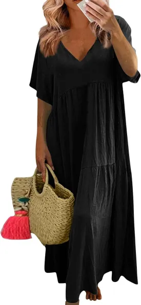 HXHYQKP Linen Dress for Women Summer Maxi Flowy Pleated Dresses Casual Plus Size Short Sleeve Beach Vacation Dress