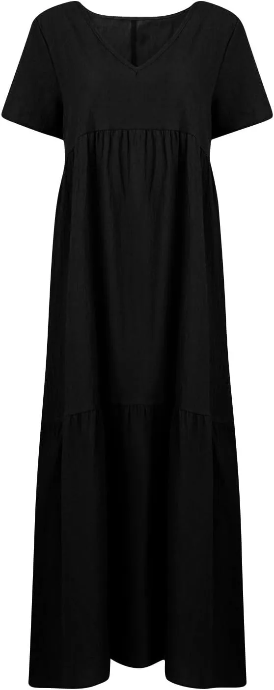 HXHYQKP Linen Dress for Women Summer Maxi Flowy Pleated Dresses Casual Plus Size Short Sleeve Beach Vacation Dress