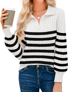 JUSTFASHIONNOW Womens Sweaters Polo V Neck Cable Knit Sweater Dressy Casual Pullover Jumper Tops Fall Winter Trendy