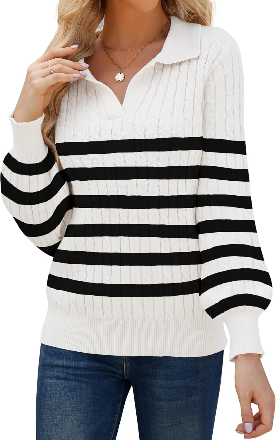 JUSTFASHIONNOW Womens Sweaters Polo V Neck Cable Knit Sweater Dressy Casual Pullover Jumper Tops Fall Winter Trendy