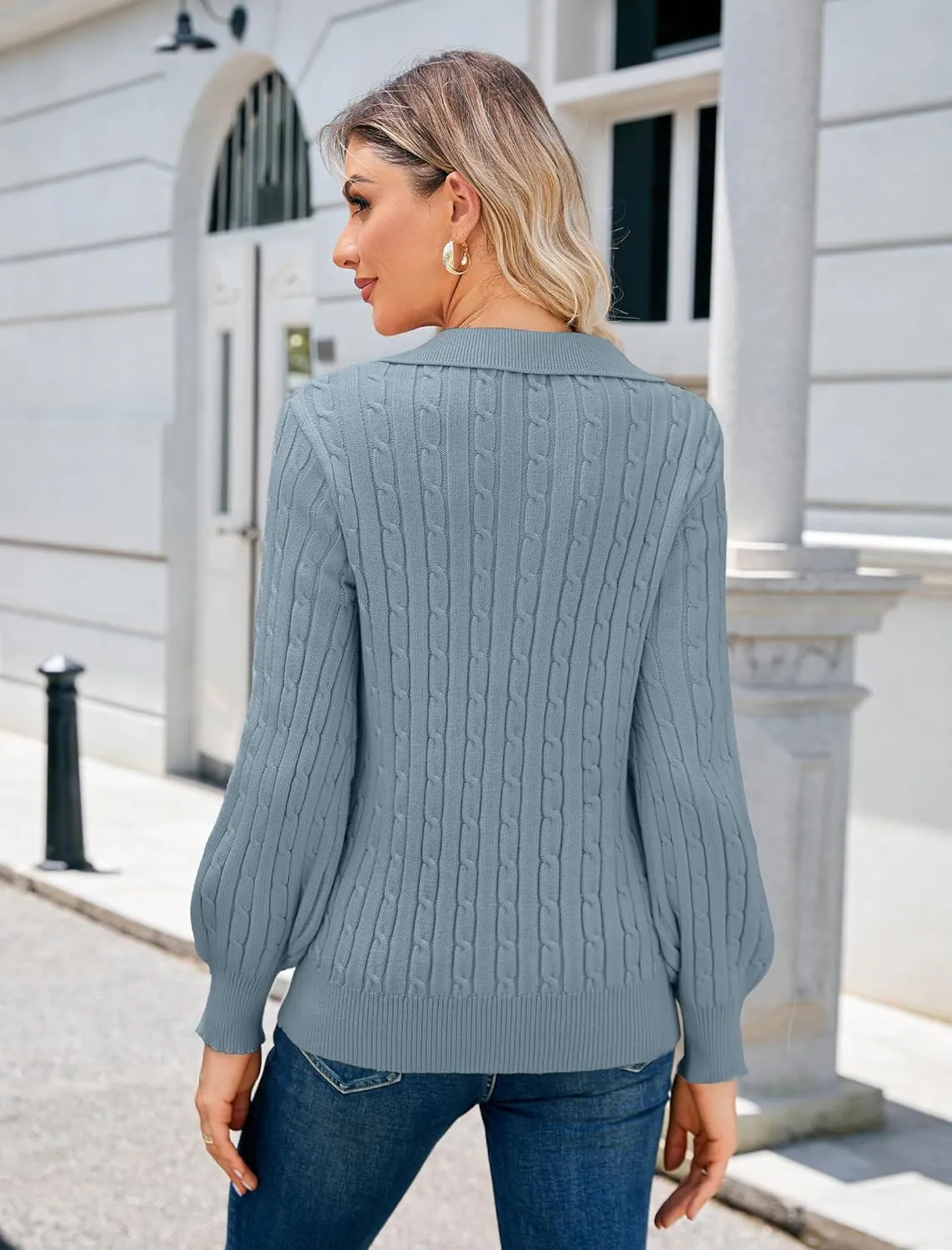 JUSTFASHIONNOW Womens Sweaters Polo V Neck Cable Knit Sweater Dressy Casual Pullover Jumper Tops Fall Winter Trendy