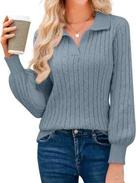 JUSTFASHIONNOW Womens Sweaters Polo V Neck Cable Knit Sweater Dressy Casual Pullover Jumper Tops Fall Winter Trendy