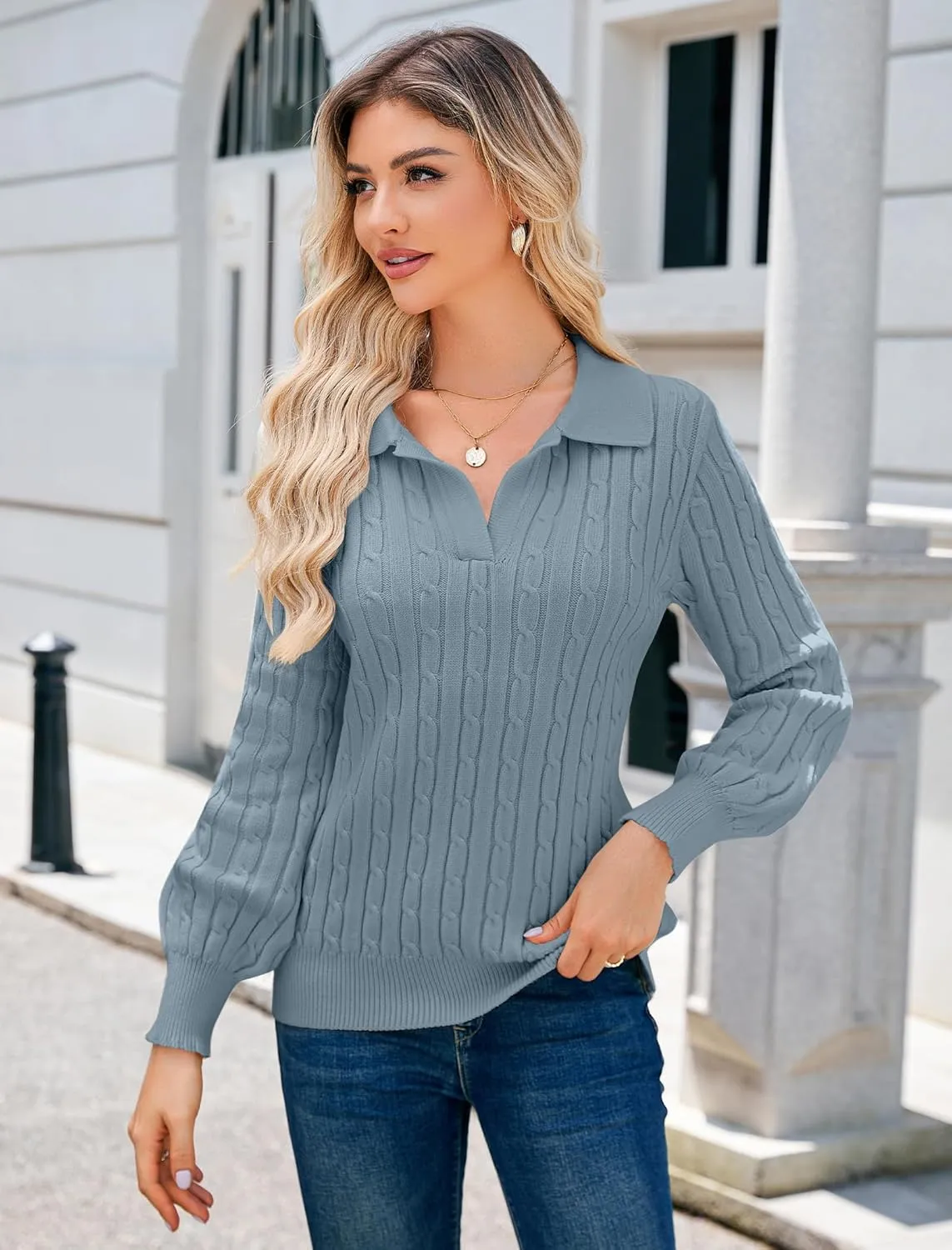 JUSTFASHIONNOW Womens Sweaters Polo V Neck Cable Knit Sweater Dressy Casual Pullover Jumper Tops Fall Winter Trendy