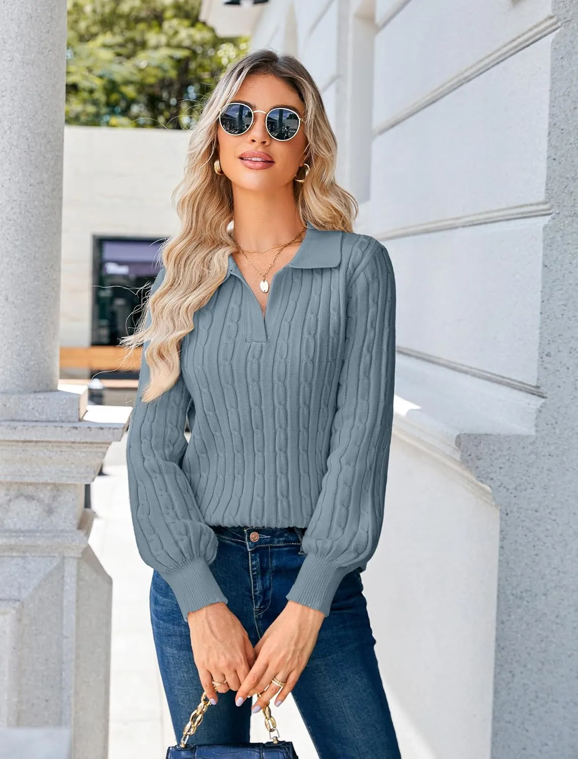 JUSTFASHIONNOW Womens Sweaters Polo V Neck Cable Knit Sweater Dressy Casual Pullover Jumper Tops Fall Winter Trendy