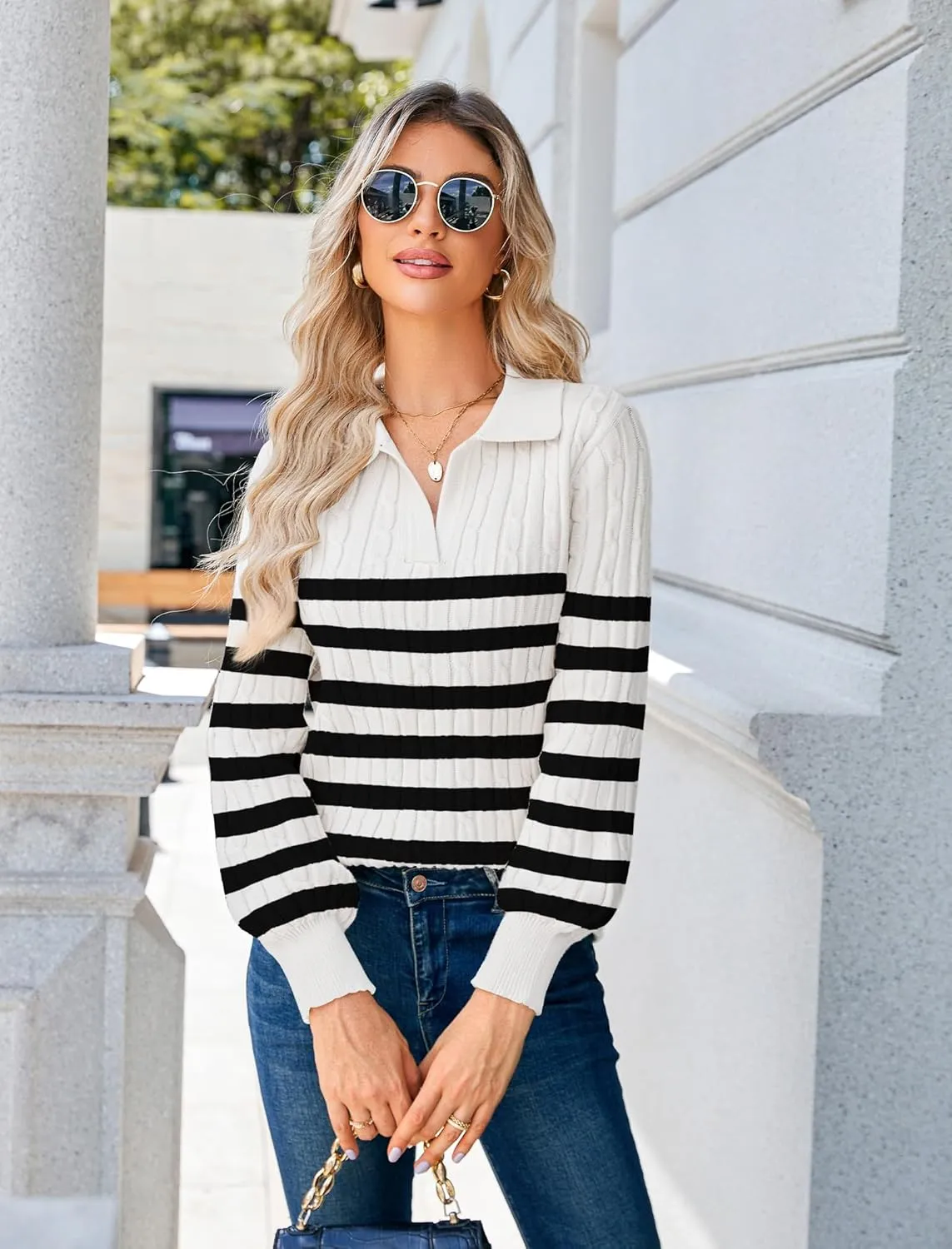JUSTFASHIONNOW Womens Sweaters Polo V Neck Cable Knit Sweater Dressy Casual Pullover Jumper Tops Fall Winter Trendy