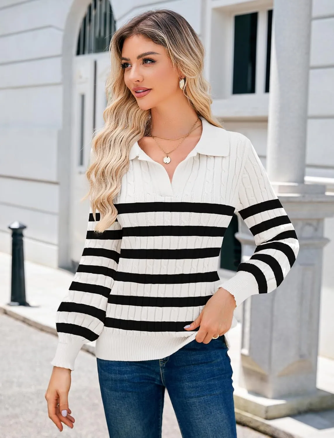 JUSTFASHIONNOW Womens Sweaters Polo V Neck Cable Knit Sweater Dressy Casual Pullover Jumper Tops Fall Winter Trendy