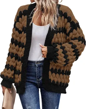 KIRUNDO Womens Cardigan Fall Fashion Lantern Sleeve Open Front Striped Color Block Loose Cable Knit Winter Sweater Coats