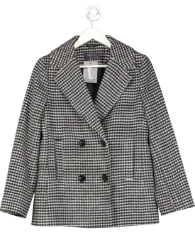 M&S Black Double Breasted Hounds Tooth Coat UK 10