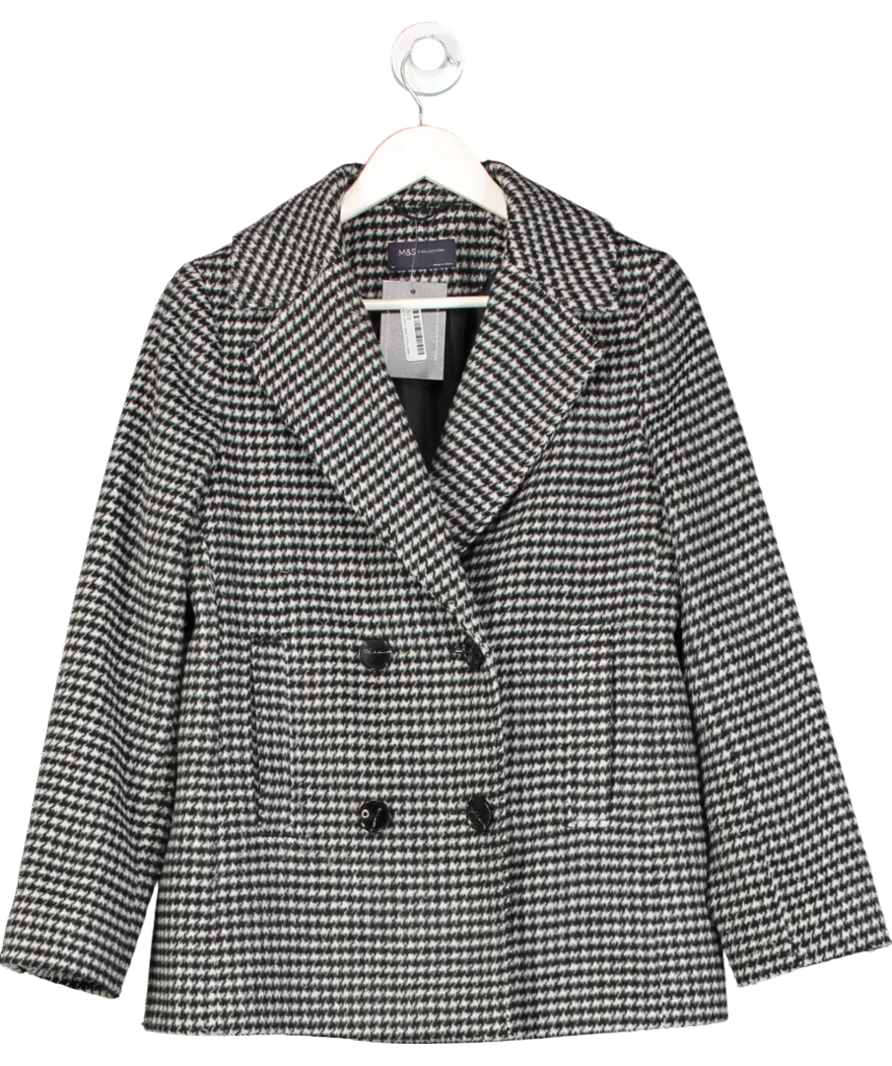 M&S Black Double Breasted Hounds Tooth Coat UK 10