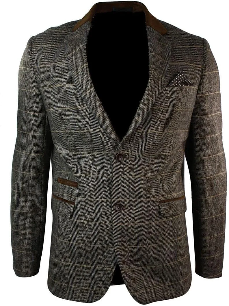 Men's Herringbone Checked Blazer Notch Lapel Two-Button Jacket Office Dress Daily Formal Suit Coat