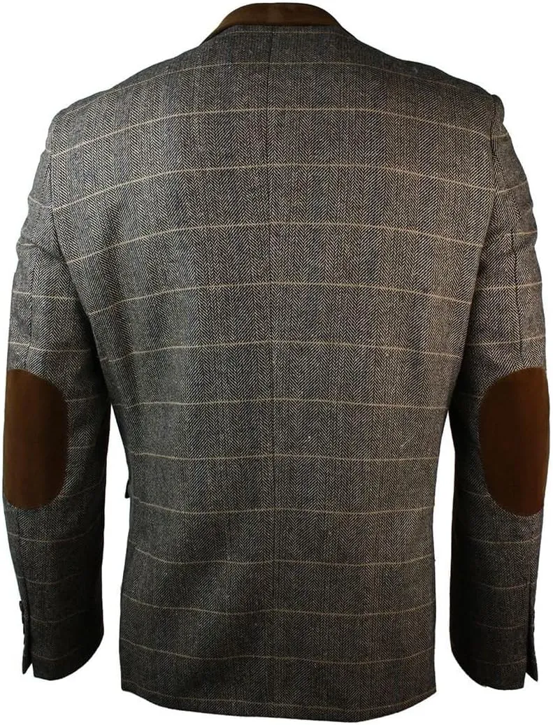 Men's Herringbone Checked Blazer Notch Lapel Two-Button Jacket Office Dress Daily Formal Suit Coat