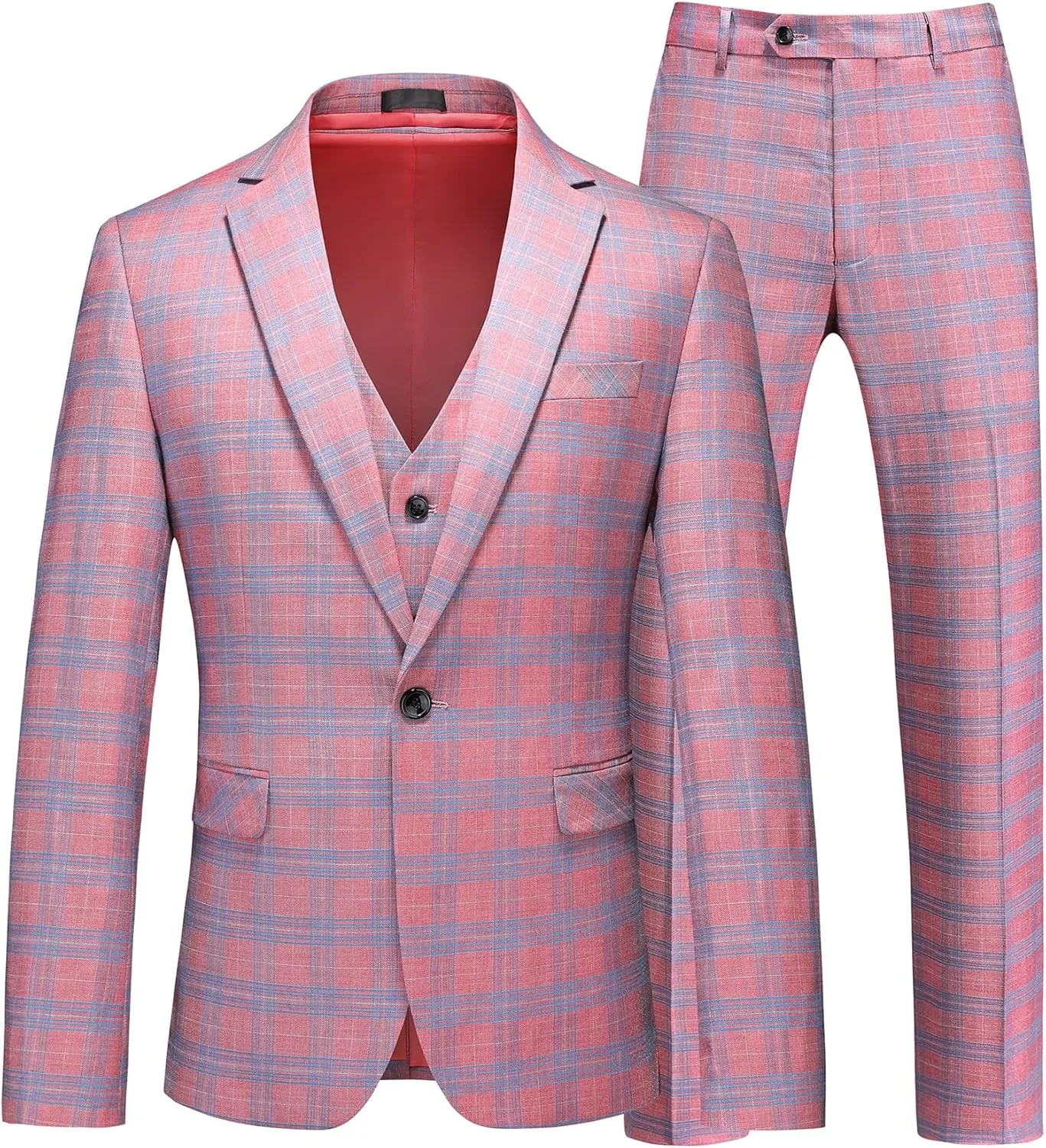 MOGU Mens 3 Piece Slim Fit Plaid Suit Blazer Jacket Vest Pants