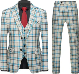 MOGU Mens 3-Piece Slim Fit Plaid Suit - Blazer, Vest, and Pants Set for Wedding Prom Casual