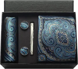 Paisley Floral Mens Tie Formal Necktie Pocket Squares Ties Clips Cufflinks Classic for Men Set