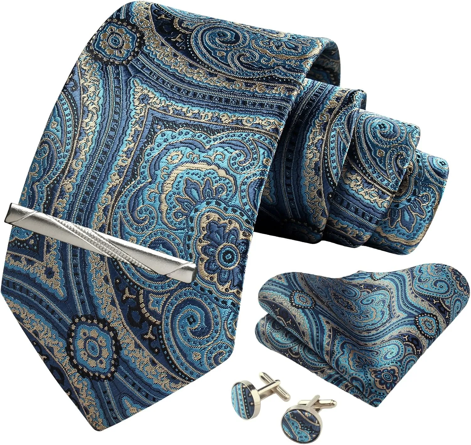 Paisley Floral Mens Tie Formal Necktie Pocket Squares Ties Clips Cufflinks Classic for Men Set